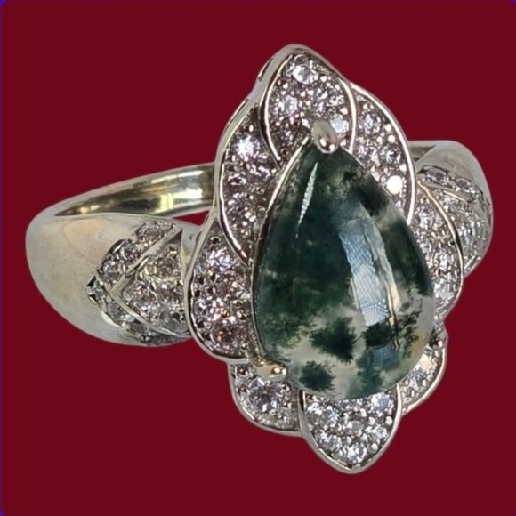 925 Sterling Silver Ring Sz 7.5 with Natural Moss Agate & CZ